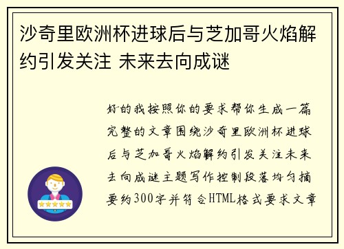 沙奇里欧洲杯进球后与芝加哥火焰解约引发关注 未来去向成谜